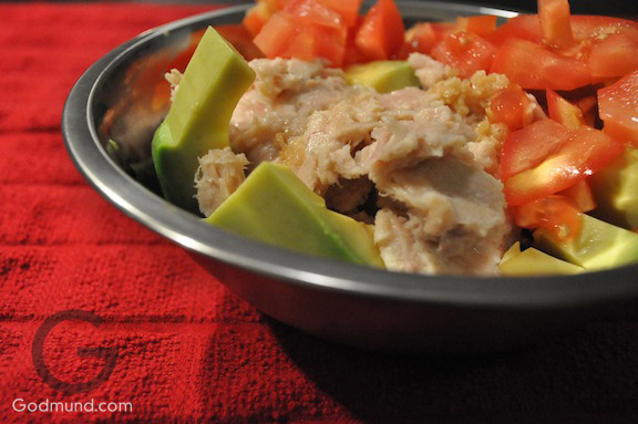 sliced avocado and tuna on red background - Godmund sliced avocado and tuna on red background - Godmund